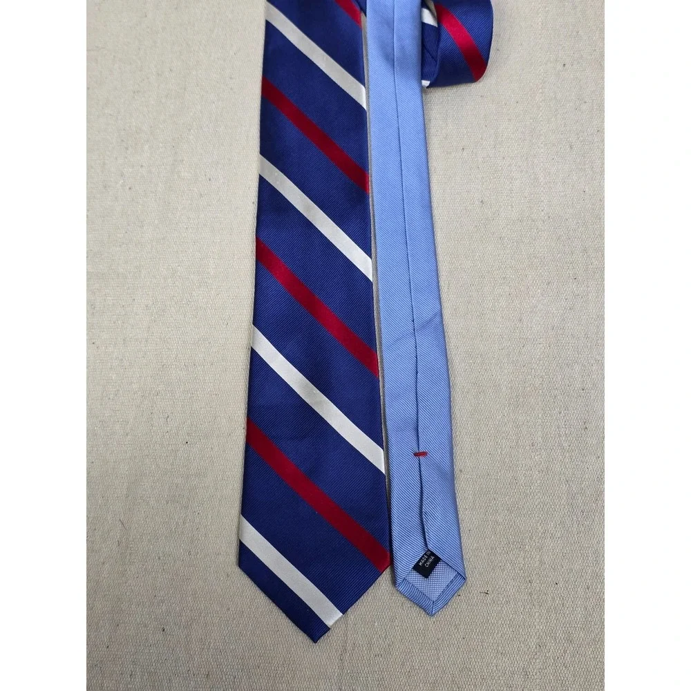 Tommy‎ Hilfiger Mens Silk Necktie Navy Blue Red White Striped Regimental Tie